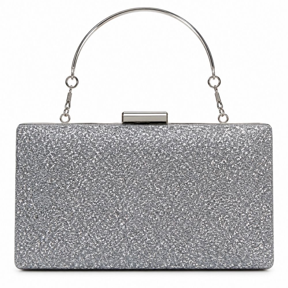 Cartera Clutch de Fiesta Plateada con Glitter y Asa Metálica