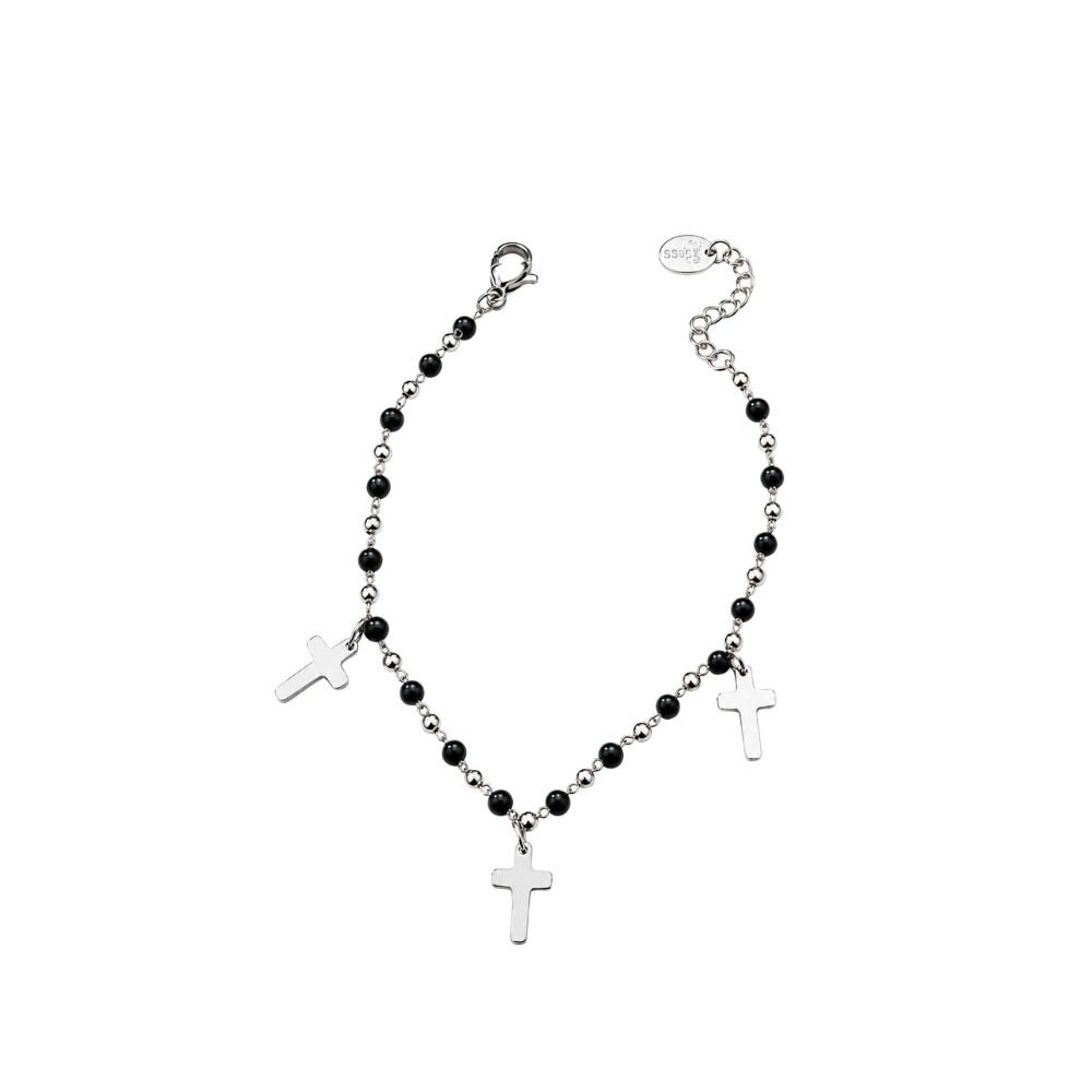 [53133] PULSERA DE ACERO DISEÑO MIX BOLITAS, CRISTALES Y TRES CRUCES